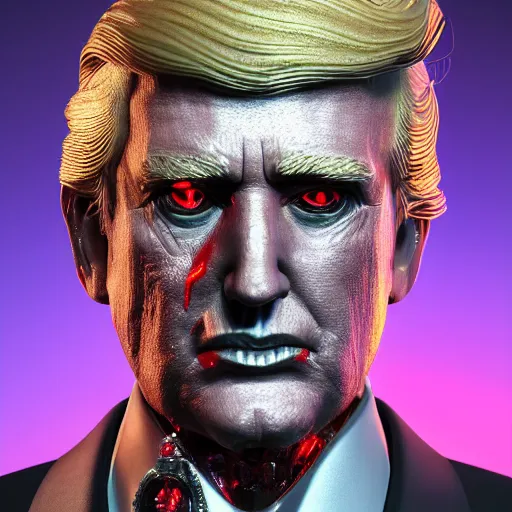 Prompt: donald trump full body detailed, ethereal, cyborg, covered in blood diamonds and other gems glowing, highly detailed face, elegant posed, evil expression, intricate, extremy detailed, beeple, cgsociety, 3 d unreal engine octane render. cinematic lighting, highly detailed 4 k art