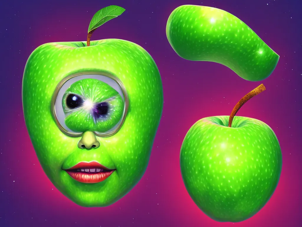 Image similar to Psychedelic portrait of a Granny Smith apple with google eyes floating in space wearing a top hat , volumetric lighting, artstation, digital painting, very high detail, hyperrealistic, vivid color