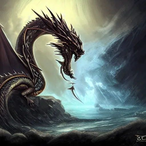 Image similar to dragon made of clear flowing water, epic fantasy concept art, chiaroscuro