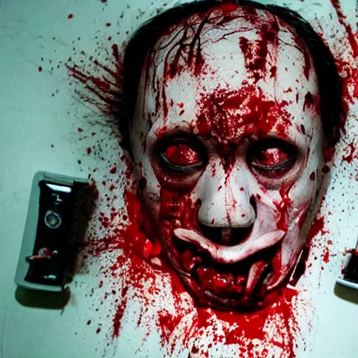 Image similar to filmic dutch angle movie still 4k UHD 35mm film color photograph of a freshly severed head with a pained expression, wearing a surgical mask , head is sideways on the floor soaked in blood, in the style of an extreme grotesque splatter horror movie