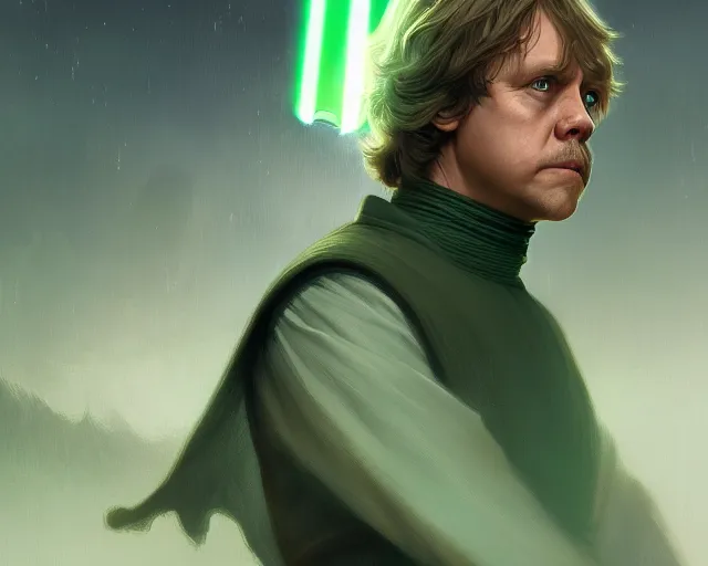 Image similar to photography of luke skywalker, deep focus, science fiction, star wars, green mist, intricate, elegant, highly detailed, digital painting, artstation, concept art, matte, sharp focus, illustration, art by artgerm and greg rutkowski and alphonse mucha