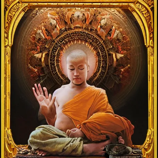 Image similar to highly detailed potrait of cunning buddhist monk kid worshipping giant crow as god praying in baroque style, painting by gaston bussiere, craig mullins, j. c. leyendecker, lights, art by ernst haeckel, john william godward, hammershøi,