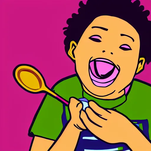 Prompt: a portait of happy young man holding a spoon while listening to music, logo, high detail, in a style of material anime