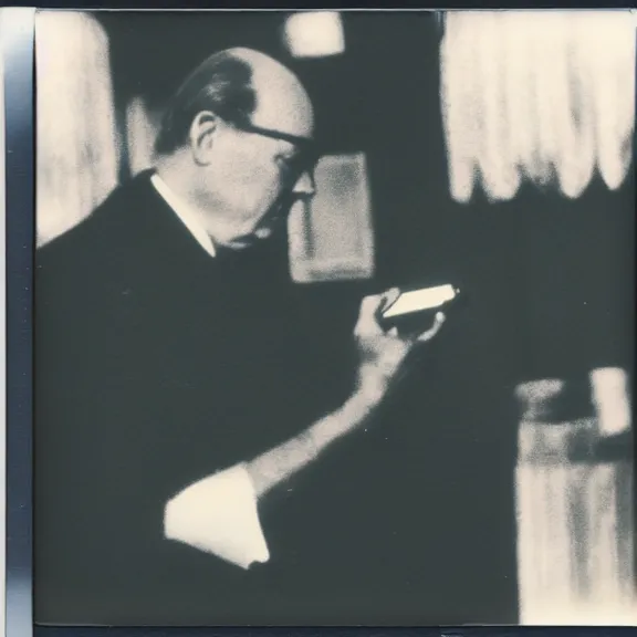 Image similar to polaroid picture of winston churchil checking his iphone