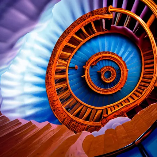 Prompt: a spiral staircase, rising from a sea of colorful swirling volumetric - clouds, dramatic lighting, 8 k