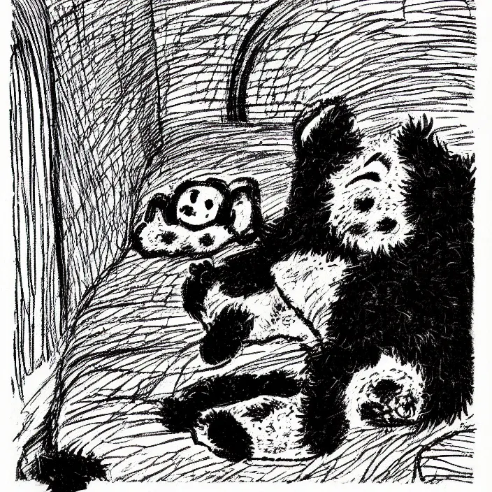 Image similar to a still frame from comic strip, a portrait of black fluffy furry sleeping dog 1 9 5 0, herluf bidstrup, new yorker illustration, monochrome bw, lineart, manga, tadanori yokoo, simplified,