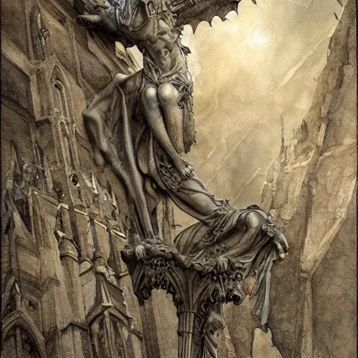 Prompt: disasterpiece gothic church gargoyle, watercolor, surreal Ptolemaic endevaour, by Edgar Maxence and Ross Tran and Michael Whelan and Da Vinci, intricate line drawings, 4k resolution