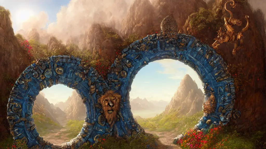 Image similar to A giant medieval fantasy blue energy portal gate with a rusty gold carved lion face at the center of it, the portal takes you to another world, full of colorful flowers on the lost Vibes and mountains in the background, spring, delicate fog, sea breeze rises in the air, by andreas rocha and john howe, and Martin Johnson Heade, featured on artstation, featured on behance, golden ratio, ultrawide angle, f32, well composed, rule of thirds, center spotlight, low angle view