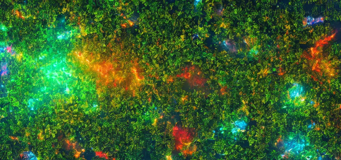 Image similar to photo of the amazon forest made of plastic bags of different colors, in a real space photography, super detailed image, trending on artstation, moody, cinematic, 8 k, volumetric lighting