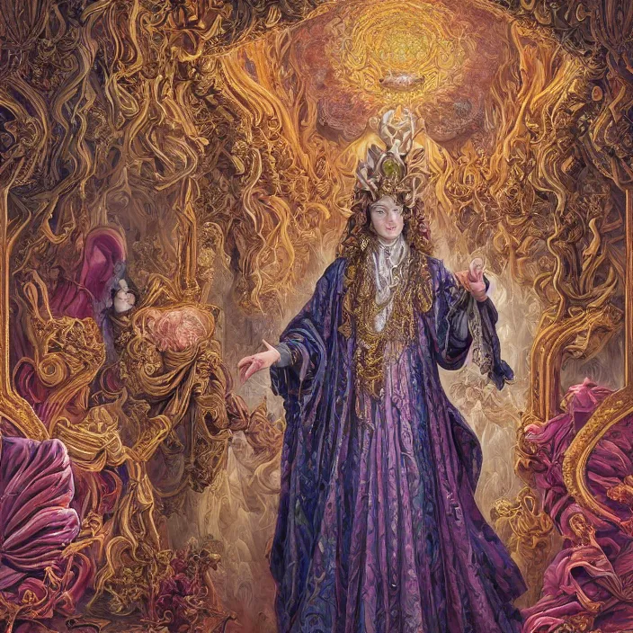 Image similar to beautiful oil painting, full length portrait of dauphinois in baroque coronation robes 1701, Dan Mumford, Dan Mumford, Alex grey, hyacinthe rigaurd, highly detailed , lsd visuals, dmt fractal patterns, hallucinogen, visionary art, psychedelic art, ornate, vaporwave, baroque, Greg rutkowski