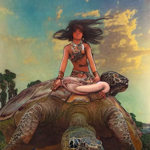 Image similar to a little warrior girl sitting on top of a giant turtle that is walking in the desert, seen from a distance. the girl is fully visible and has dark skin, realistic full body and a very beautiful detailed face with long black hair. diffuse light, dramatic sky and landscape, fantasy illustration by mucha