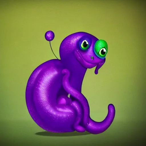 Prompt: a purple and green cute liquid monster