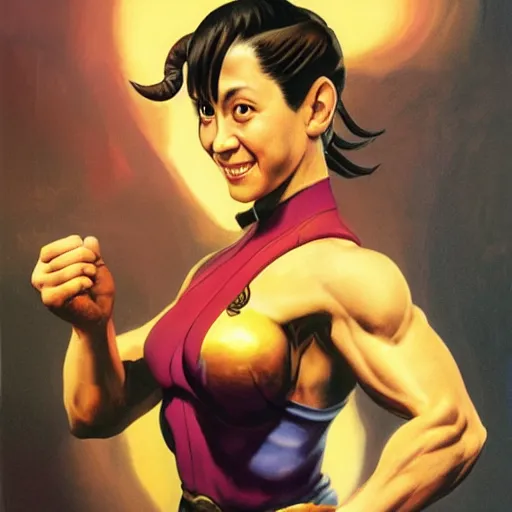 Image similar to ultra realistic kristen schaal as chun li from street fighter, painting by frank frazetta, 4 k, ultra realistic, highly detailed,