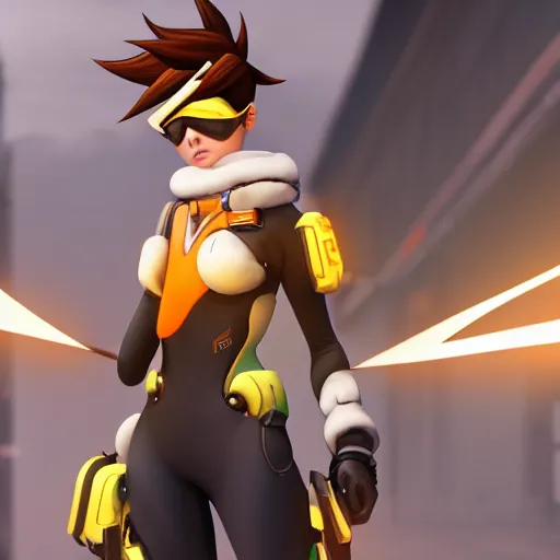 Image similar to digital painting of tracer overwatch wearing large leather collar, standing in city area, 4 k, realistic,