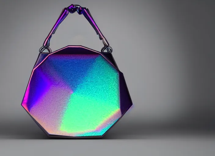 Image similar to futuristic iridiscent bag, fashion design, xf iq 4, 1 5 0 mp, 5 0 mm, iso 2 0 0, 1 / 1 6 0 s, natural light, octane render, adobe lightroom, rule of thirds, symmetrical balance, depth layering, polarizing filter, sense of depth, ai enhanced