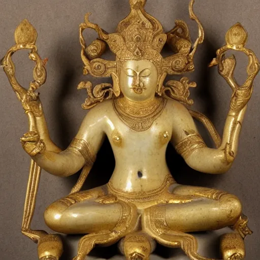 Image similar to marble and gold statue of a many - armed goddess sitting full lotus