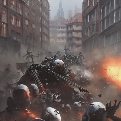 Prompt: spider robots terrorise streets of weimar germany and attack freikorps soldier, heavy street battle, pile of bodies, art by greg rutkowski and jakub rozalski