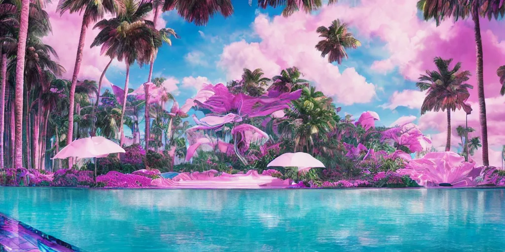 Image similar to artgem masterpiece, hyperrealistic surrealism, award winning masterpiece with incredible details, epic stunning, infinity pool, a surreal vaporwave liminal space, highly detailed, trending on ArtStation, calming, meditative, pink arches, flowing silk sheets, palm trees, very vaporwave, very very surreal, sharp details, dreamscape