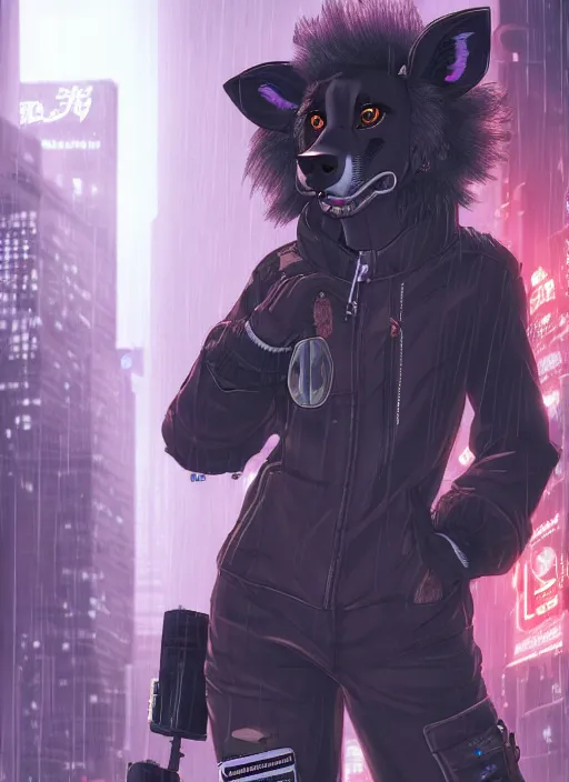 Image similar to character portrait of a female anthro hyena fursona with a cute beautiful attractive furry face and long black curly hair wearing a police bomber jacket in a cyberpunk city at night while it rains. hidari, color page, tankoban, 4K, tone mapping, Akihiko Yoshida.