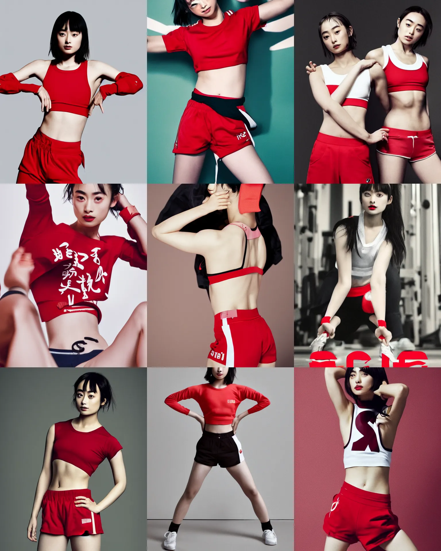 Prompt: suzu Hirose wearing crop red gym top with white lettering, cropped red yoga short, Advertising photography by Mario Testino, masterwork, artstation