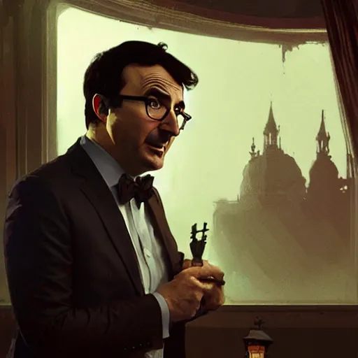 Prompt: John oliver in a scene from columbo, artstation, concept art, smooth, sharp focus, illustration, art by and greg rutkowski and alphonse mucha