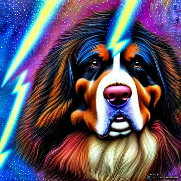 Image similar to an anthropomorphic male bernese mountain dog as zeus, shooting lightning bolts from his paws, by alex grey, intricate details, artstation, furry, psychedelic, hd, beautiful