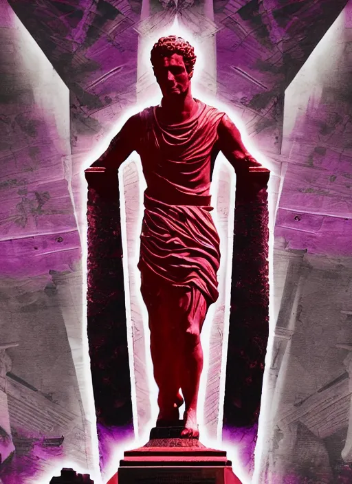 Image similar to design poster showing a statue of julius caesar, black background with very subtle red and purple design elements, powerful, nekro, guido crepax, graphic design, collage art, thin lines, dark, glitch art, neo vaporwave, gritty, layout frame, square, trending on artstation