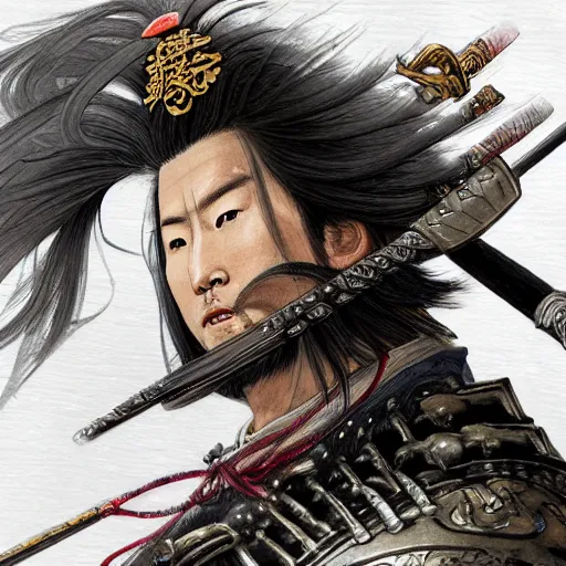 Prompt: dynamic composition, motion, ultra-detailed, incredibly detailed, a lot of details, amazing fine details and brush strokes, colorful and grayish palette, smooth, HD semirealistic anime CG concept art digital painting, watercolor oil painting of a Japanese Samurai wearing armor, from Three Kingdoms, by a Chinese artist at ArtStation, by Huang Guangjian, Fenghua Zhong, Ruan Jia, Xin Jin and Wei Chang. Realistic artwork of a Chinese videogame, gradients, gentle an harmonic grayish colors.