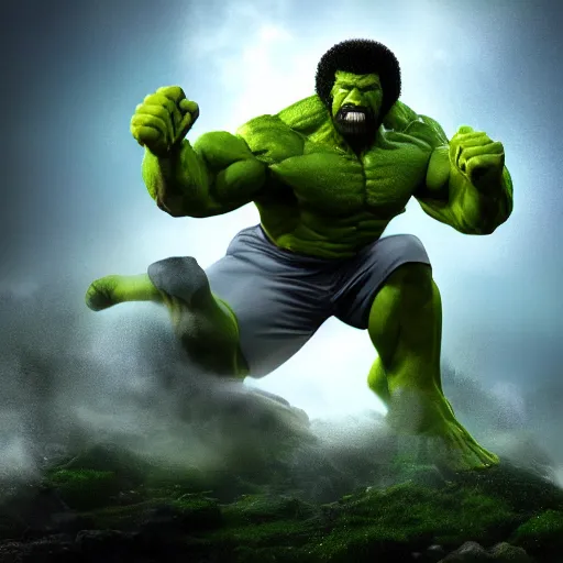 Prompt: photomanipulation of BOB ROSS as hulk with human flesh, marvel, fully detailed, volumetric lightening, octane render, 8k, masterpiece, epic composition