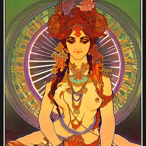 Image similar to hindu goddess of firespinning, by alphonse mucha, burning man, intricate