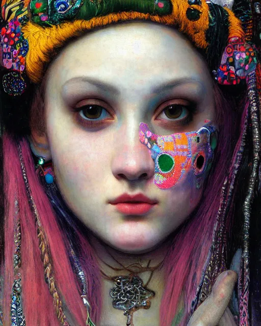 Image similar to a close up of beautiful decora cybergoth emo girl wearing a balaclava surrounded by colourful intricate patterns, by gustave klimt edgar maxence and caravaggio and michael whelan, intricate painting, hyper realistic, extremely detailed and beautiful aesthetic face, 8 k resolution