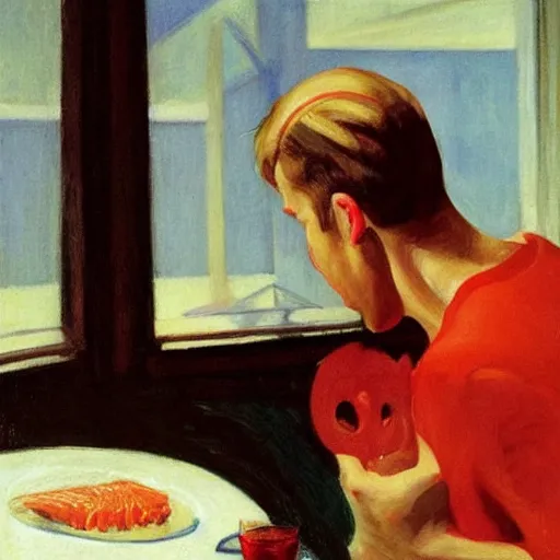 Image similar to an attractive man wearing a hair clip in red silky shorts eating salmon by Edward Hopper