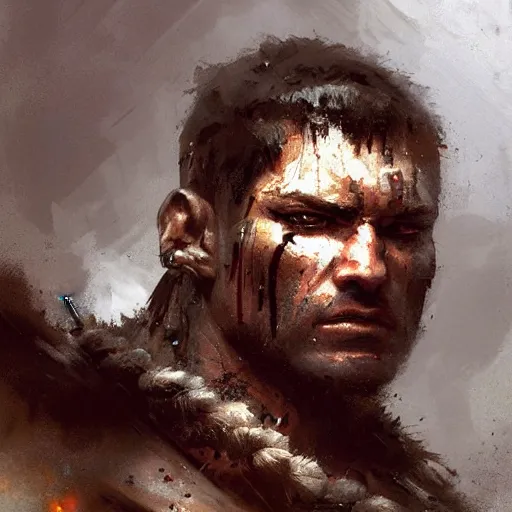 Image similar to Portrait painting of a barbarian warrior by greg rutkowski and Craig Mullins, Dark atmospheric and cinematic lighting