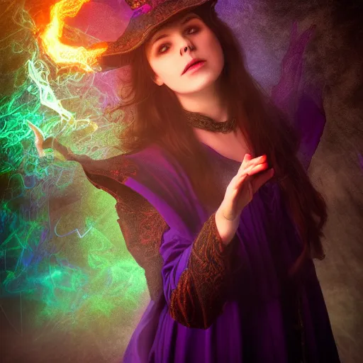 Prompt: female warlock casting magic spell ,fantasy, D&D, HDR, natural light, dynamic pose, award winning photograph, 8k, Mucha style,