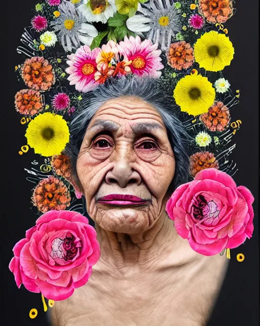 Image similar to a portrait of a beautiful fleshy old mexican woman who is surprised she is still alive, covered in flowers in the style of guiseppe arcimboldo and james jean, covered in wispy gray hair with a hint of neon, mixed media, hd, 3 d