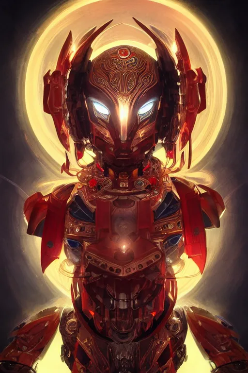 Image similar to asura from chinese myth, ghost, mecha, symmetrical. sci - fi, tech wear, glowing lights, intricate, elegant, highly detailed, digital painting, highly detailed, digital painting, artstation, concept art, smooth, sharp focus, illustration, art by artgerm and greg rutkowski and alphonse mucha