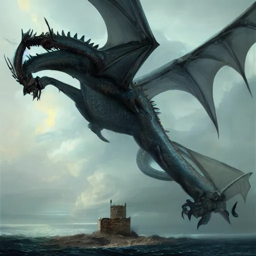 Image similar to dragon, huge wings, scary weather, stormy, ocean, exudes terror ， island ， castle ， vine, spitfire, photography, hyperrealistic, by greg rutkowski, smooth, illustration, elegant, artstation, digital painting.