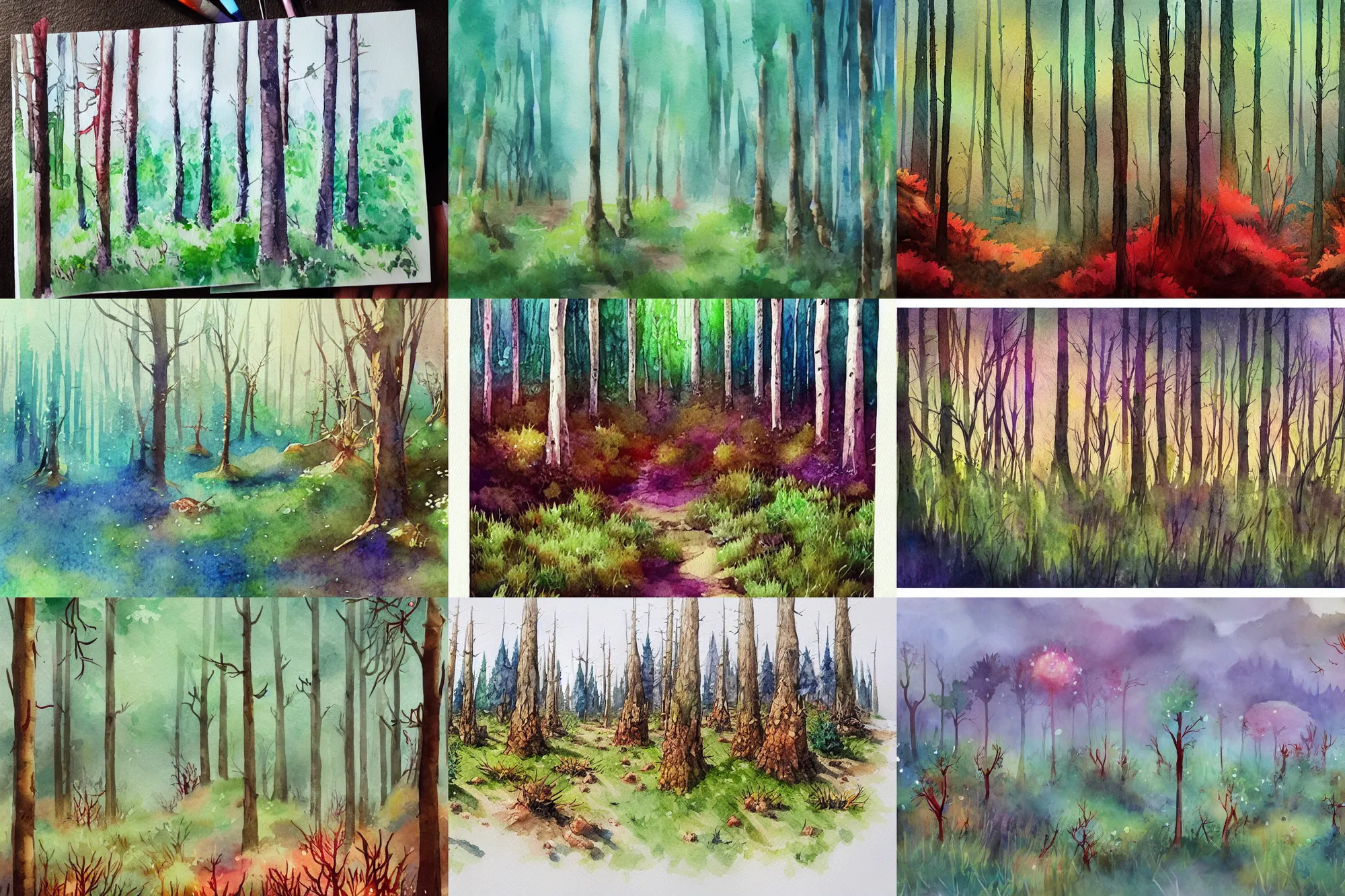 Prompt: pincushion forest, high quality watercolors, award winning, trending on artstation