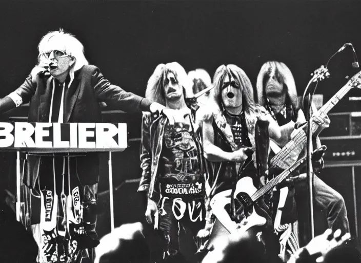 Image similar to publicity photo still of bernie sanders in motley crue live on stage 1 9 8 8, 8 k, live concert lighting, mid shot