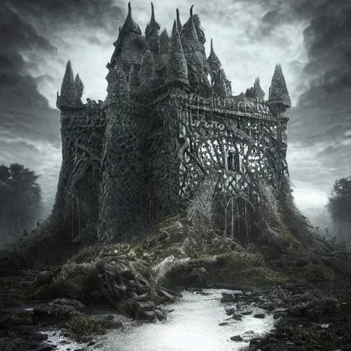 Image similar to full body pose, hyperrealistic photograph of the black castle of rotbog swamp, dim volumetric lighting, 8 k, octane beautifully detailed render, extremely hyper detailed, intricate, epic composition, cinematic lighting, masterpiece, trending on artstation, very very detailed, stunning, hdr, smooth, sharp focus, high resolution, award, winning photo, dslr, 5 0 mm