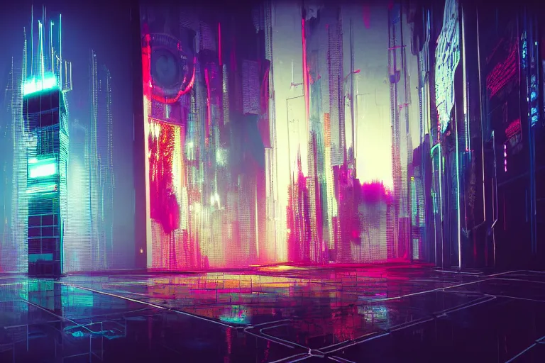 Image similar to cyberpunk tower, multilayer glitch effect in spatial perceptron synapses, matte painting, 4 k, epic composition, volumetric light, abstract illusionism, by robert rauschenberg, konstantinas ciurlionis, jean - michel basquiat, pour paint, modern street art, grunge wall, industrial