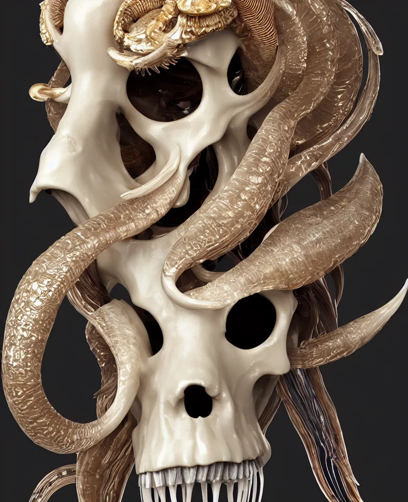 Image similar to goddess princess face close-up portrait ram skull. sculpture made of polished gold and matte obsidian. jellyfish phoenix head, nautilus, orchid, skull, betta fish, bioluminiscent creatures, intricate artwork by Tooth Wu and wlop and beeple. octane render, trending on artstation, greg rutkowski very coherent symmetrical artwork. cinematic, hyper realism, high detail, octane render, 8k