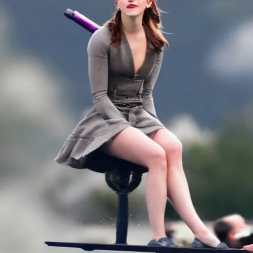 Image similar to Emma Watson sitting on a magic broomstick flying in the clouds, full body shot