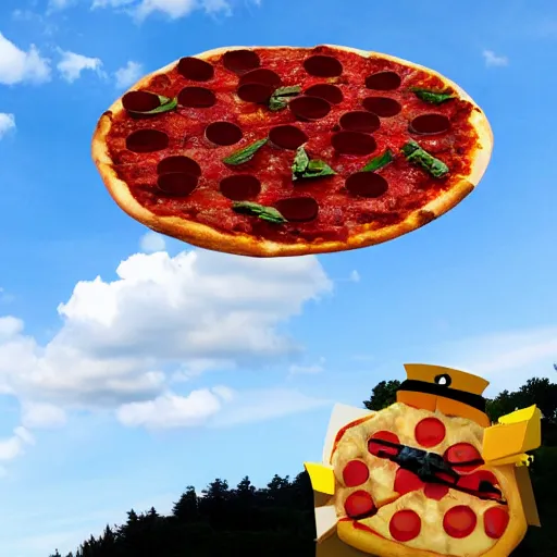 Prompt: giant pizza hovering in the sky