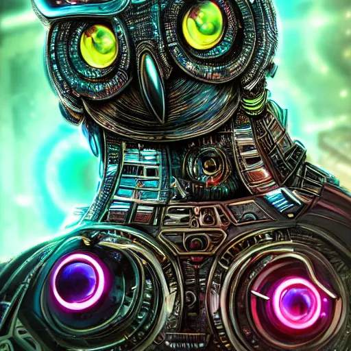 Image similar to eye of a cybernetic owl, futuristic, cyberpunk, digital illustration, photo - realistic, macro, extremely detailed, vivid, neon, dramatic lighting, intricate details