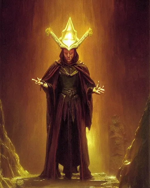 Image similar to A dark mage. He is wearing mage armor and a crown. He is frowning seriously. He is preparing to cast a dark spell. He is standing in a wizards room. Award winning realistic oil painting by Thomas Cole and Wayne Barlowe