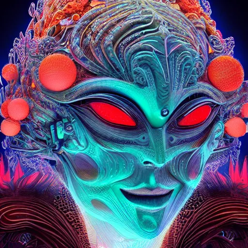 Image similar to Face of a Alien Deity, centered, corals, plume made of geometry, epic proportions, extremly detailed digital painting, sharp focus in the style of android jones, artwork of a futuristic artificial intelligence superstar with frames made of detailed circuits, mystical colors, rim light, beautiful lighting, 8k, stunning scene, raytracing, octane, under water visual distortion, dark tones colors, trending on artstation