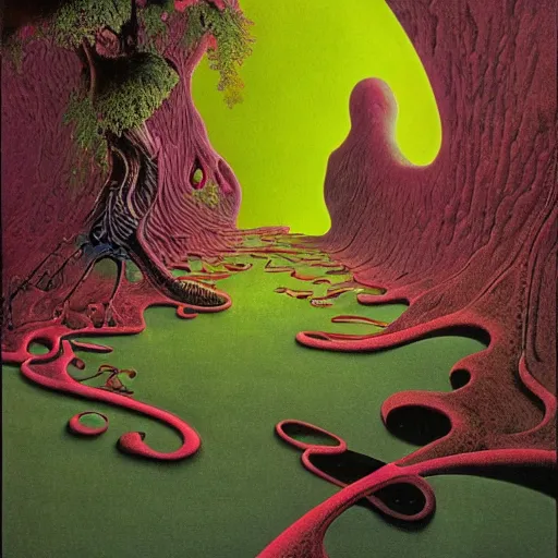 Image similar to new visions of hell, very detailed and colorful, by August Mobius, by Roger Dean, by M.C. Escher, beautiful, eerie, surreal, psychedelic