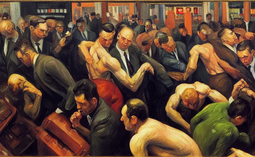 Prompt: Oil painting of mens in newyork stock exchange trading floor bearish markets droped fighting each other by Lucian Freud, Abstract brush strokes, Masterpiece, Edward Hopper and James Gilleard, Zdzislaw Beksinski, Mark Ryden, Wolfgang Lettl highly detailed, hints of Yayoi Kasuma