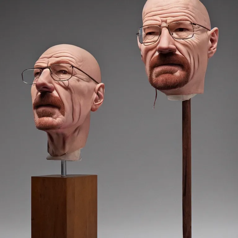 Prompt: hyperrealistic portrait sculpture of a walter white made of prosciutto and capicola and salami on a pedestal by ron mueck and duane hanson and lee bontecou, hyperrealistic dramatic colored lighting trending on artstation 8 k